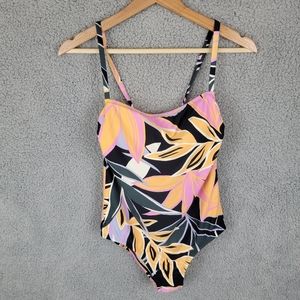 Kona Sol Womens Size M One Piece Swimsuit Multicolored Floral Build In Bra.